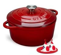 Overmont Olla de Hierro Fundido - Antiadherente Cacerola Holandesa de Esmaltado con Tapa - Ø24 CM Redonda Cacerola Holandesa para Cocinas de Inducción - Rojo