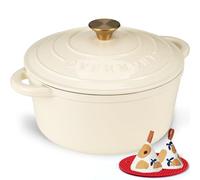 Overmont Olla de Hierro Fundido - Antiadherente Cacerola Holandesa de Esmaltado con Tapa - Ø24 CM Redonda Cacerola Holandesa para Cocinas de Inducción - Blanco