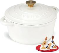 Overmont Olla de Hierro Fundido - Antiadherente Cacerola Holandesa de Esmaltado con Tapa - Ø26 cm Redonda Cacerola Holandesa para Cocinas de Inducción - Blanco perla