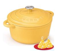 Overmont Olla de Hierro Fundido - Antiadherente Cacerola Holandesa de Esmaltado con Tapa - Ø26 cm Redonda Cacerola Holandesa para Cocinas de Inducción - Amarillo pálido