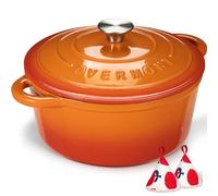 Overmont Olla de Hierro Fundido - Antiadherente Cacerola Holandesa de Esmaltado con Tapa - Ø26 CM Redonda Cacerola Holandesa para Cocinas de Inducción - Naranja