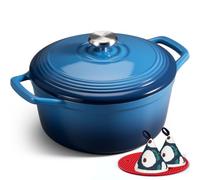 Overmont Olla de Hierro Fundido - Antiadherente Cacerola Holandesa de Esmaltado con Tapa - Ø26 CM Redonda Cacerola Holandesa para Cocinas de Inducción - Azul