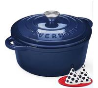 Overmont Olla de Hierro Fundido - Antiadherente Cacerola Holandesa de Esmaltado con Tapa - Ø26 cm Redonda Cacerola Holandesa para Cocinas de Inducción - índigo