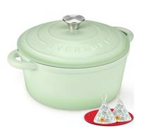 Overmont Olla de Hierro Fundido - Antiadherente Cacerola Holandesa de Esmaltado con Tapa - Ø26 cm Redonda Cacerola Holandesa para Cocinas de Inducción - Verde frijol