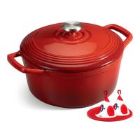 Overmont Olla de Hierro Fundido - Antiadherente Cacerola Holandesa de Esmaltado con Tapa - Ø26 CM Redonda Cacerola Holandesa para Cocinas de Inducción - Rojo