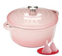 Overmont Olla de Hierro Fundido - Antiadherente Cacerola Holandesa de Esmaltado con Tapa - Ø28 CM Redonda Cacerola Holandesa para Cocinas de Inducción - Rosa