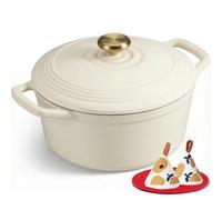 Overmont Olla de Hierro Fundido Esmaltado - Cacerola Holandesa Redonda Ø26 CM con Tapa - Dutch Oven Antiadherente para Guisar Cocinar Hornear - Cazuela Aptas para Inducción - 5,2L Blanco