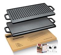 Overmont Sartén Reversible de Plancha de Hierro Fundido Antiadherente Parrilla Rectangular con Asas para Barbacoa Grill Inducción Negro 42 x 23 cm