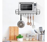 Owneed Soporte de pared de acero inoxidable para microondas, estante de cocina, estante de microondas con 6 ganchos, capacidad de carga de 30 kg, fácil montaje, estantería multifuncional para cocina