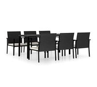 Owoxanthellate Juego de 7 sillas de jardín de ratán negro | Estable conjunto de asientos para terraza y jardín con mesa de cristal de 180 x 70 cm, 6 cómodos sillones y cojines de