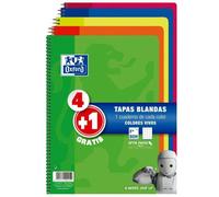 Oxford Cuaderno Espiral 80H Folio 4x4 mm con Margen Tapa Blanda Pack 4+1 Ud Colores Vivos