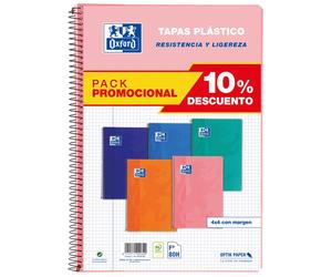 OXFORD.CUADERNOS Pack 5 cuaderno espiral Fº 80h 90g. cuadrícula 4x4 c/m tapa plástico colores tendencia