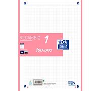 Oxford, Hojas Cuadriculadas A4 Recambio Archivador, 100 Hojas, Cuadrícula 5x5. Banda Color Rosa Pastel