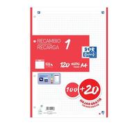 Oxford Recambio 1 Color DIN A4, 120 hojas, 4T, 90 g, cuadros 5 mm, rojo