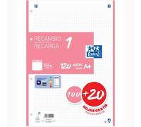 Recambio OXFORD 1 Color, Din-A4 120H 4T 90 gr. Cuadros 5 mm. Rosa Chicle