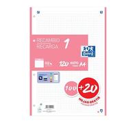 Oxford Recambio 1 Color – Din-A4, 120H, 4T, 90 gr., cuadros 5 mm – Rosa chicle