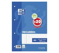 Oxford, Recambio de Hojas Cuadriculadas A4 Perforadas. 4 Agujeros, Recambio Archivador, 100+20 Hojas, Cuadrícula 4x4, con Margen, 90g de gramajes. Lineas Azules