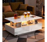 Oyajia Mesa de centro blanca, mesa de salón brillante con barra de luz LED USB de 5 V, iluminación moderna, mesa de sofá, mesa auxiliar blanca con estante expositor abierto y 4 cajones extensibles, 90