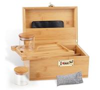 OZCHIN Caja de bambú grande con cerradura de combinación, caja decorativa para almacenamiento en el hogar, juego de caja de bambú con bandeja de tarro de vidrio, gran regalo (L)