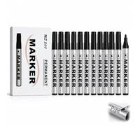 Pack 12 Rotulador Permanente Negro, Marcador Permanente Negro de Pintura con Tinta Opaca Brillante, Punta Redonda 2 mm, Secado Rápido Resistente a Luz para Metal, Vidrio, Plástico, Madera, Bricolaje