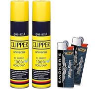 Pack 2 Botellas de Gas Clipper Azul 300 ML para Recargar Mecheros y Sopletes de Cocina + 2 MECHEROS BIC Piedra DE Regalo