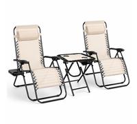 Pack 2 Tumbonas o Sillas de Exterior Plegables y reclinables con mesita para jardín, Playa, Piscina, terraza. Gravedad Zero 2 Unidades, Acero Ligero, Portavasos y Reposacabezas. Beige