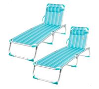 Pack 2 tumbonas playa multiposición 186x49x30 cm turquesa a rayas con cojín