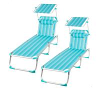 Pack 2 tumbonas playa multiposición 186x49x30 cm turquesa a rayas con parasol y cojín
