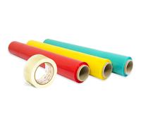Pack 3 Film Embalaje de Colores + Cinta Adhesiva Transparente, Rollo Elástico 50cm Extensible hasta 300m, Protector para Mudanzas y Embalajes - Ofituria (Rojo, Amarillo y Verde + Cinta Transparente)