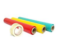 Pack 3 Film Embalaje de Colores + Cinta Adhesiva Transparente, Rollo Elástico 50cm Extensible hasta 300m, Protector para Mudanzas y Embalajes - Ofituria (Rojo, Amarillo y Verde + Cinta Transparente)