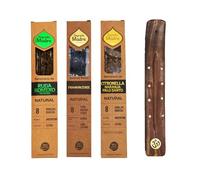 Pack 3 Inciensos Natural, Ecologico y Organico - Ruda Romero, Frankincense y Citronela Naranja Palo Santo + 1 Tablilla Portainciensos Madera (Romero-Frankincense-Citronela)
