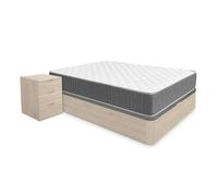 Pack ahorro matrimonio canapé round roble con colchón viscoelástico y muelles aurea 135 x 190 cm, 2 mesitas de noche rio