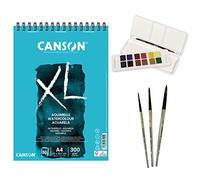 Pack Bloc Canson XL Aquarelle A4 con 30 Hojas, Acuarelas 12 Aquafine Travel Set Daler Rowney y 3 Pinceles Redondos. Set Completo de Acuarela Profesional para Todas las Edades - Ofituria