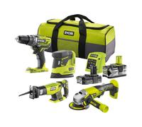 Pack combinado de 4 herramientas, taladro atornillador + amoladora angular + sierra de sable + lijadora triangular 18V ONE+™ (1x 4.0Ah y 1x 2.0Ah)