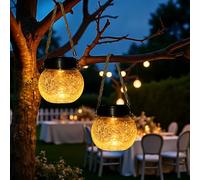 Pack de 2 Farolillos Solares Exterior Jardín , Luces Solares Colgantes de Cristal Craquelado IP65 Impermeable -2 Modos: Blanco Cálido/Ámbar y Cambio de Color RGB para Decoración Patio, Balcón, Árboles