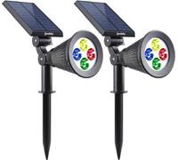 Pack de 2 focos solares, marca LUMISKY, con 4 LEDs RGB, 200 lúmenes, giratorios 90°, y resistentes al agua