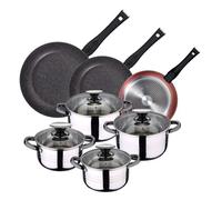 Pack de 3 sartenes x20x24 y 28 cms + batería de cocina de 8pc en acero inoxidable