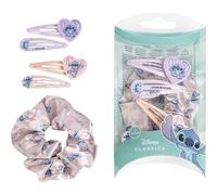 Pack de 4 Horquillas y 1 Coletero de Tela de Stitch - Color Rosa y Lila - Elaboradas con Materiales Resistentes - Estampado Inspirado en Stitch - Producto Original Diseñado en España
