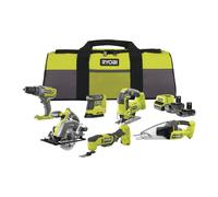 Pack de 6 herramientas, taladro percutor + sierra de calar + sierra circular + lijadora triangular + multiherramienta + aspirador de mano 18V ONE+™ (1x 4.0Ah y 1x 2.0Ah)