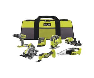 Pack de 6 herramientas, taladro percutor + sierra de calar + sierra circular + lijadora triangular + multiherramienta + aspirador de mano 18V ONE+™ (1x 4.0Ah y 1x 2.0Ah)