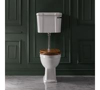 Pack de WC Tradicional Elevado Completo - Cisterna Baja, Kit de Descarga - Cromada/Negra - Tapa Efecto Roble