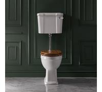 Pack de WC Tradicional Elevado Completo - Cisterna Baja, Kit de Descarga - Cromado/Blanco - Tapa Efecto Roble