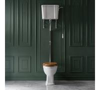 Pack de WC Tradicional Elevado con Inodoro y Cisterna Alta - Kit de Descarga - Cromado - Tapa Efecto Roble