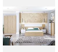 Pack Dormitorio Matrimonio Completo en Blanco y Roble Canadian (Cama + Armario + Cabezal con mesitas + Zapatero)