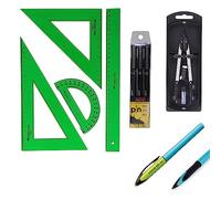 PACK escolar Uni Estuche 3 rotuladores calibrados Uni - 0.2, 0.4, 0.8 mm + FC Juego Reglas Verdes 65021 escuadra, cartabón, regla, semicírculo + Bigotera Compás 32722-8 + REGALO