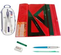 Pack FAIBO Estuche técnico Verde Juego Regla 30 cm GRADUADA, escuadra y cartabón de 25 cm SIN GRADUAR + Bigotera SERIVAN 1 bolígrafo INOXCROM B55 + 1 Portaminas 0,7 mm + 1 Tubo 12 Minas 0.7 mm HB