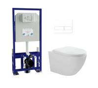 Pack Inodoro Suspendido Blanco Brillo y Cisterna Empotrada Autoportante con Pulsador Blanco | Inodoro Brillo Rimless Sin Borde de Fondo Reducido y Asiento Extrafino con Caida Amortiguada