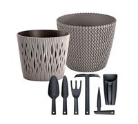 Pack jardín - 2 macetas redondas (5l + 3l) + juego de 6 herramientas de mano prosperplast - set jardinería completo