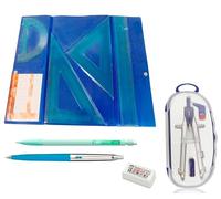 PACK LOTE Estuche tecnico SERIVAN Juego de Regla 30 cm, escuadra, cartabón 25 cm + Bigotera Compás SERIVAN ajuste automático + Portaminas + Tubo 12 Minas FC 0.7 mm HB + REGALO