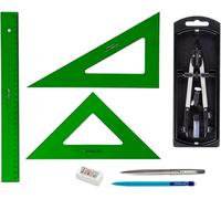 PACK LOTE Faber Castell Técnico - Regla 813-30 Cms + Escuadra 566-28 Cms + Cartabón 666-28 Cms + Bigotera Compás con adaptador universal 32722-8 + REGALO